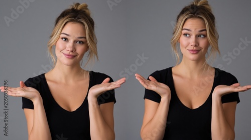 This illustrates uncertainty and indecision, with a young woman shrugging her shoulders and holding her hands open. Her facial expressions convey doubt and confusion.