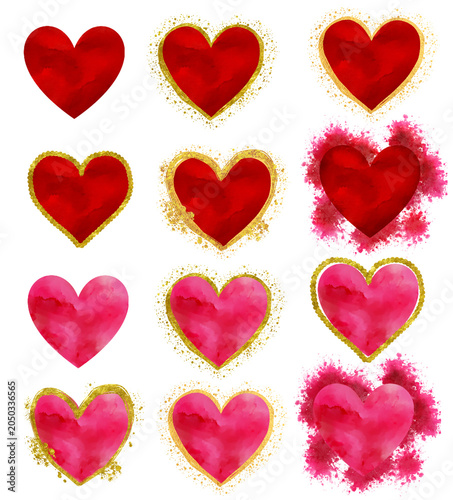 Set of hearts. Watercolor Heart Clipart Set with Gold Glitter Accents, Red and Pink Love Hearts on Transparent PNG Background for Valentine’s Day Cards, Wedding Invitations, Scrapbooking and Romantic 