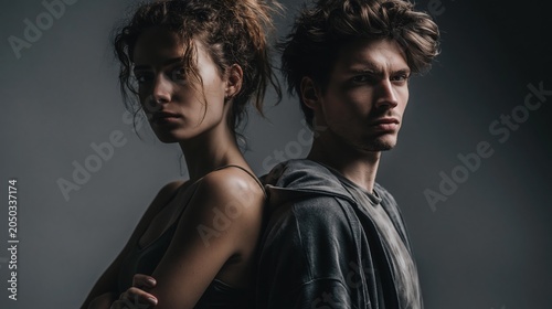 This illustrates relationship conflict and emotional distance, with a man and woman standing back to back, looking away from each other. Their serious expressions convey unhappiness and tension.