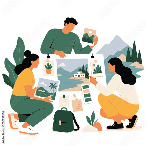 Illustrated group planning a mountain travel vacation with map.