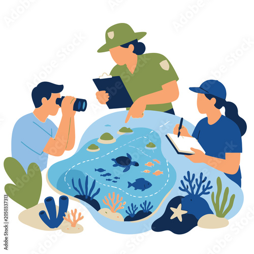 Scuba divers exploring colorful ocean habitat illustration.