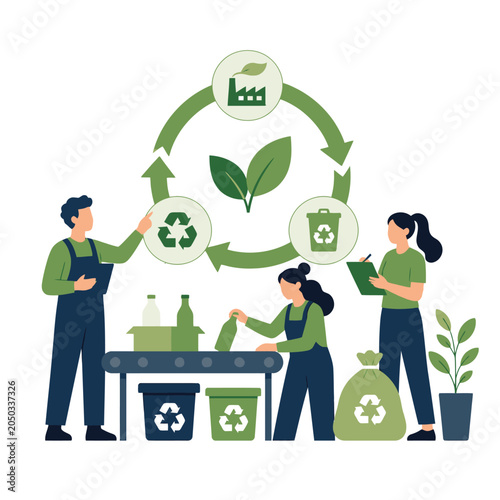 Sustainability recycling concept with people and eco symbols.
