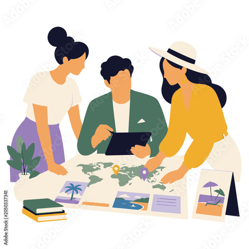 Team collaboration planning session with documents and laptop illustration.