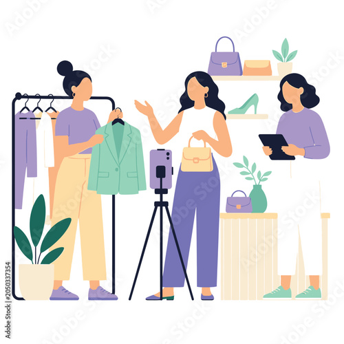 Women shopping for sustainable fashion with eco bags and filming tripod.