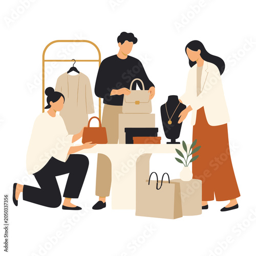 Cartoon family shopping at retail counter with cashier.