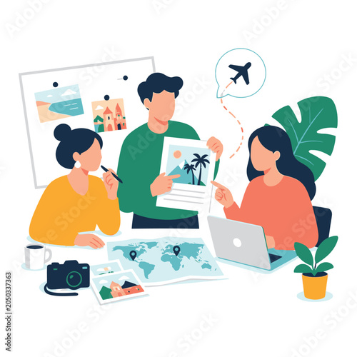 Travel planning team collaborating on laptop illustration.