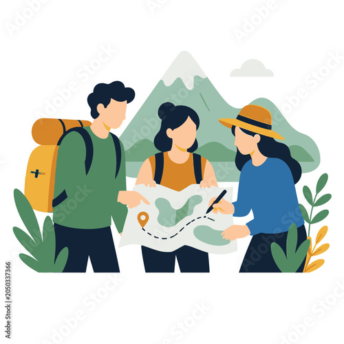 Three hikers studying a trail map in mountain scenery.