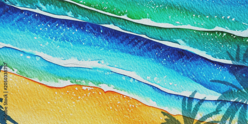Obraz premium Watercolor wave pattern with blue and green hues and a golden sand beach waves ocean