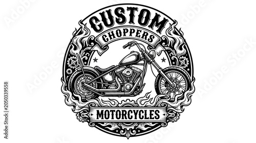 A custom motorcycle chopper is illustrated in a circular logo with ornate designs and text.