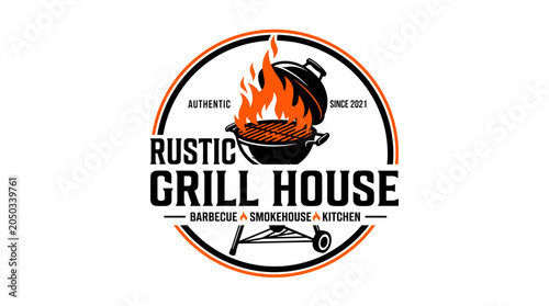 A rustic grill house logo features a grill with flames and text.