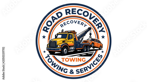 A yellow tow truck is towing a car with a logo on the side in an urban environment with services provided.