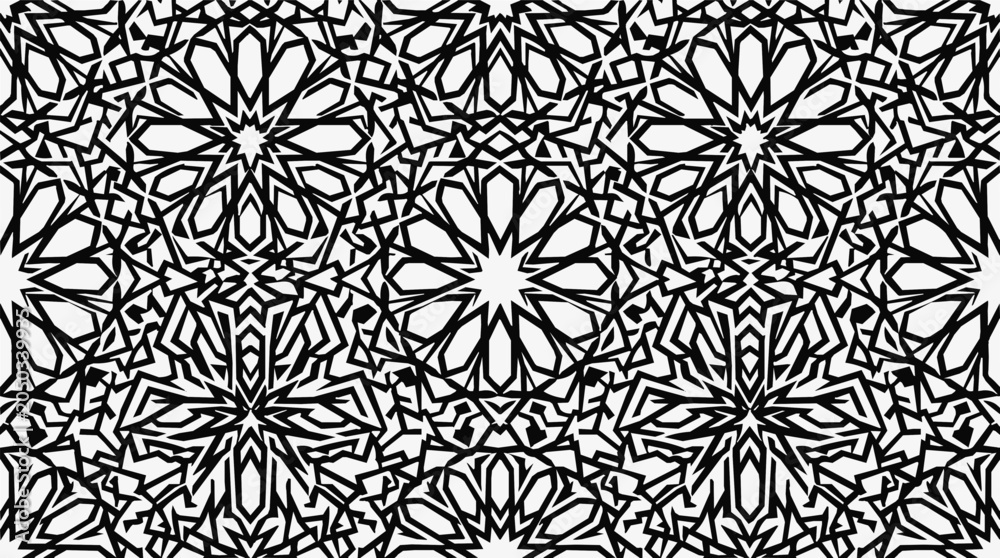 Fototapeta premium Islamic pattern and geometric ornament featuring a mandala star design as an intricate background with monochrome texture for decorative arts.