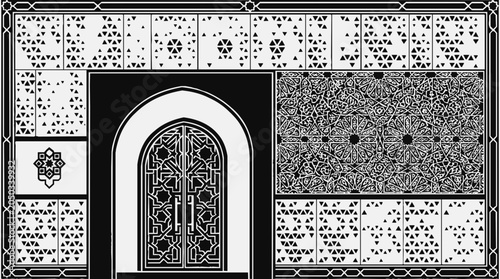 Ornate Islamic pattern featuring geometric Moroccan arch and intricate Arabic lattice motifs for cultural architectural decoration
