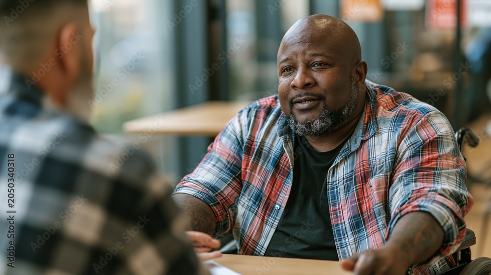 Obraz premium Medium shot of a focused veteran in a wheelchair engaging with a career counselor at a heightadjustable table blurred background emphasizing accessibility and support tools.