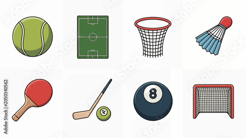Bilde på lerret Collection of various sports equipment icons.