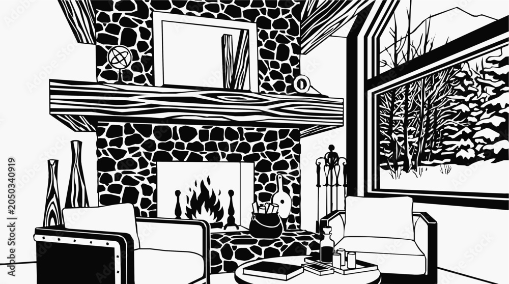 Fototapeta premium A cozy rustic living room interior with a stone fireplace and a scenic winter cabin view overlooking a snowy forest.