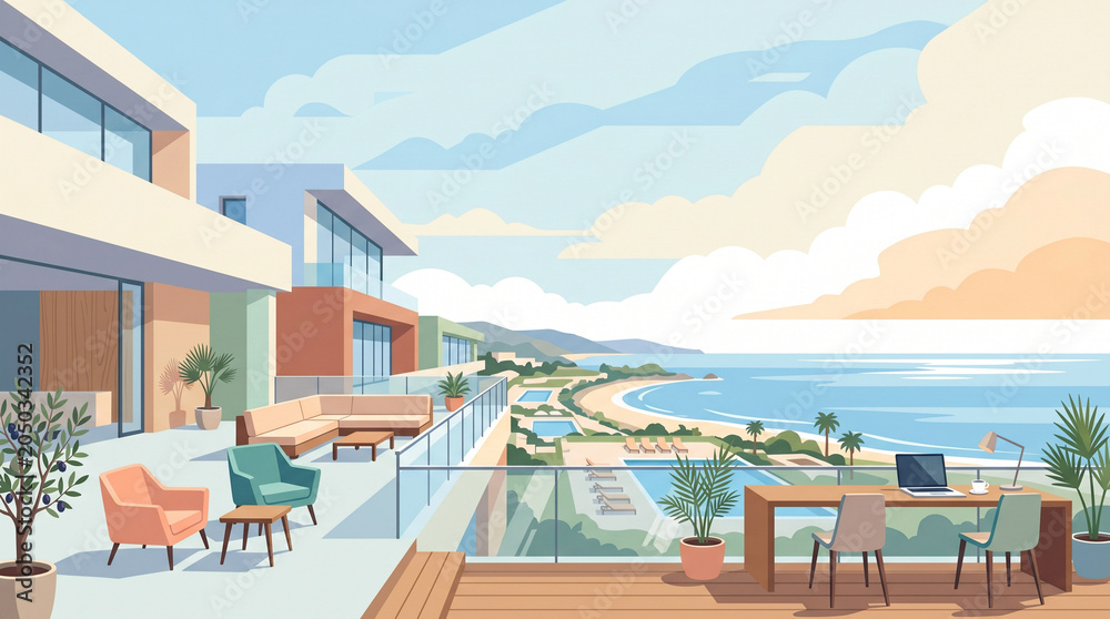 Fototapeta premium Modern terrace workspace attached to a luxury resort hotel. Panoramic sky views create an open and premium atmosphere.