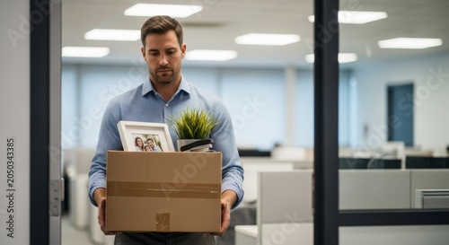 Sad fired man carrying a cardboard box with his personal belongings out of an office building.
