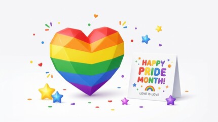 Low poly rainbow heart beside happy pride month card with colorful stars and confetti on white background. concept of lgbtq love celebration