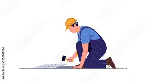 Professional Construction Worker Laying Floor Tiles with Rubber Mallet Flat Vector Illustration