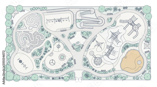 Schilderij op canvas Playground design plan in CAD showing a modern park layout with various recreati
