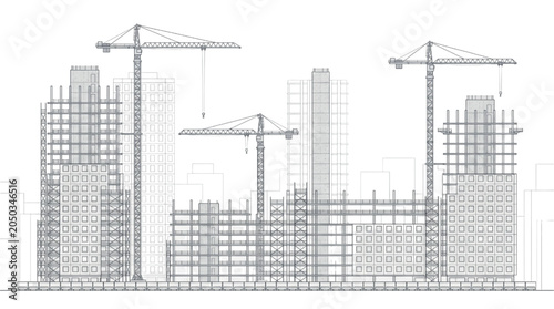 Canvastavla Professional CAD blueprint of urban construction site with scaffolding skyscrape