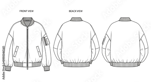 Foto Oversized unisex bomber jacket technical flat sketch template with ribbed trims