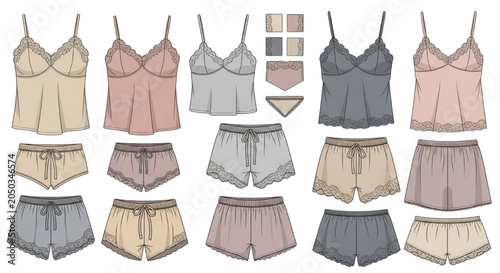 Fotografie Women's Sleepwear Fashion Flat Vector Illustration CAD Technical Sketches of Cam