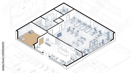 Canvas Print Isometric gym layout architectural plan in CAD format showing fitness center int