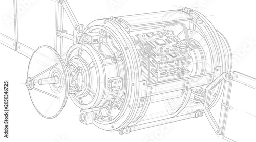 Fotografie Technical Drawing CAD Illustration of a Complex Mechanical Component with Intern