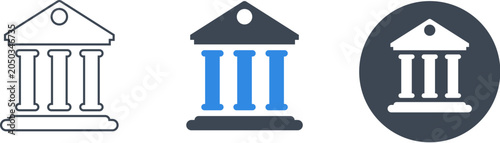 Classical bank building icons in outline blue and circle variations for finance and law concepts
