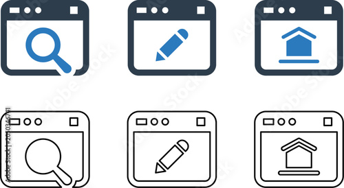 Browser Icons Set with Back Arrow Pencil and Magnifying Glass on White Background