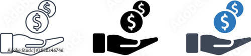 Hand dropping coins with dollar signs in a flat design style against a white background for financial concepts