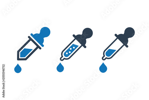 Dropper icons with liquid drops in blue tones on white background for laboratory or medical concepts