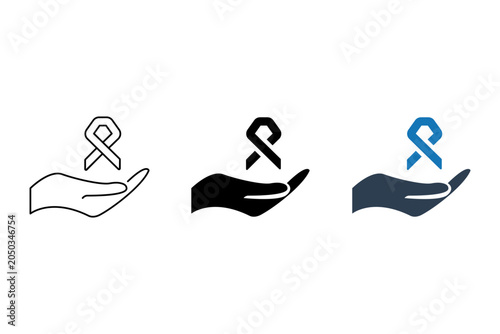 Hand holding awareness ribbon symbol in outline and solid styles for medical support concepts