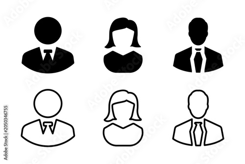 Male and female professional icons with solid and outline styles on white background
