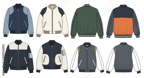 Fotografie Set of Technical CAD Fashion Flat Sketches of Men Bomber and Varsity Jackets Tem