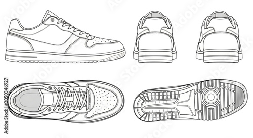 Schilderij op canvas Technical footwear CAD sketch showing multiple angles of a classic athletic snea