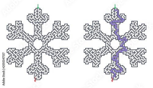Quadro su tela Snowflake maze puzzle worksheet with solution on white background, perfect for k