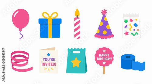 Vászonkép Colorful birthday party celebration icons set.
