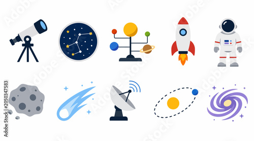 Bild auf Leinwand Colorful space exploration and astronomy icons.