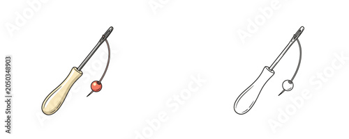 Vászonkép Sewing awl tool illustration in flat colored beige with red bead and black line