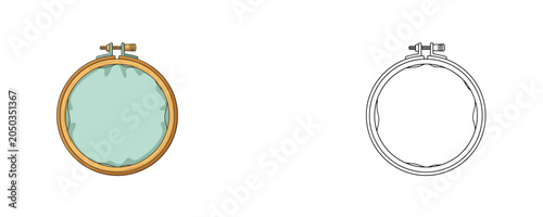 Fotografie Embroidery hoop frame illustration in flat colored brown and mint green with bla