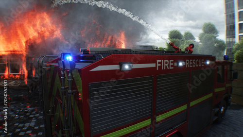Schilderij op canvas Fire Truck and Firefighters Extinguishing Burning House with Foam