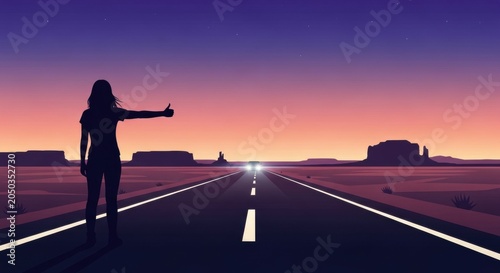 Woman hitchhiking on deserted highway road.