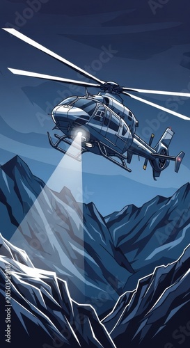 Military Helicopter Flying Over Mountains.