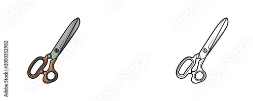 Fotografie Tailor scissors tool illustration in flat colored brown and silver grey with bla
