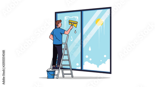 Photos Man on ladder squeegeeing a large window with soapy water