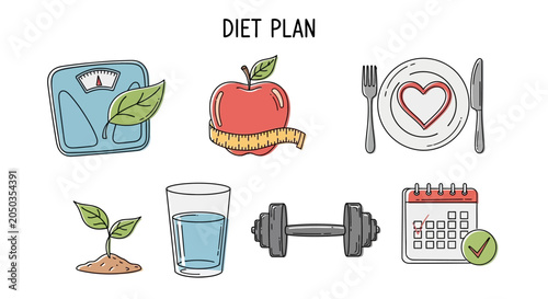 Foto Diet plan illustration with healthy food and fitness elements