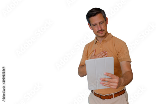 Принти на полотні Man holding tablet expressing sincerity and gratitude during a video call, hand